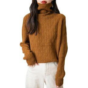 Women's 100% Merino Wool Turtleneck Sweater 2024 Fall Winter Casual Long Sleeve Warm Soft Cable Knitted Sweater