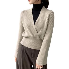 Ckikiou Womens Cute V Neck Criss Cross Front Wrap Sweater Top Flare Long Sleeve Fall Winter Knitted Cropped Sweater Pullover