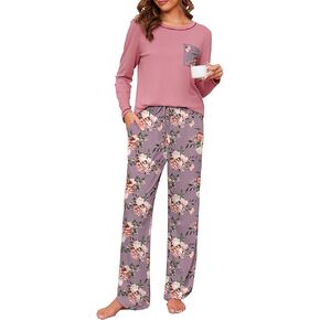 Cotton Pajamas for Women Set 2 Piece Lounge Sets Print Long Sleeve Pj Set Winter Loungewear Sleepwear with Pockets