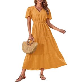 GRACE KARIN Summer Women's Maxi Dress Flowy V-Neck Short Sleeve Bohemian Beach Sundress Casual Tiered Long Dresses for Women