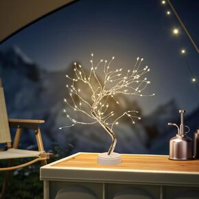مصباح شجرة LED 21 بوصة 108 مع قابس USB، ضوء شجرة صناعي لسطح المكتب يتميز بأضواء بيضاء دافئة، ديكور شجرة مضيء لغرف النوم الداخلية وغرف المعيشة، عيد الميلاد (فضي)