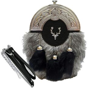Scottish Kilt Grey Goat Skin Full Dress Sporran Celtic Antique Chrome Cantel