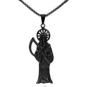 Santa Muerte Necklace Diamond 14K Gold Plated Santa Muerte Pendant Jewelry With Sickle Holiday Gift (Black 220)
