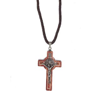 Catholica Shop Saint Benedict Medal Wood Crucifix Pendant Cord Necklace. Religious Necklace for Men and Women. Made in Brazil in Kuwait