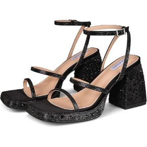 Tscoyuki Platform Heels for Women Sparkly Rhinestone Strappy Heels Sandals Chunky Heel Ankle Strap Square Open Toe Y2K Dress Shoes for Wedding Party Evening Dance