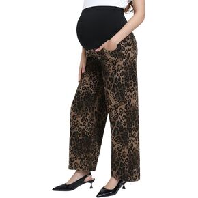 Women's Maternity Jeans Leopard Print Wide Leg Jeans Over Belly Comfy Stretch Trendy Loose Denim Pants,S-XXL