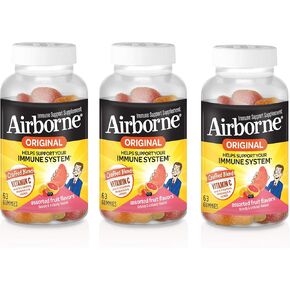 Airborne Vitamin C 750mg (per Serving) Assorted Fruit Gummies (63 Count in a Bottle), Gluten-Free Immune Support Supplement with Vitamins C E, Selenium (Pack of 3)