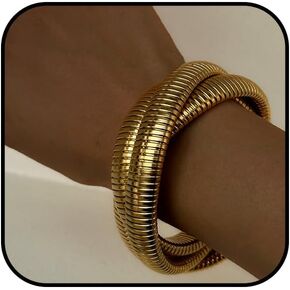 3PCS Chunky Gold Bangle Bracelet for Women Gold Stretch Bracelets Set Stainless Steel Link Chain Bracelets Flexible Wide Wristband Trendy Jewelry Accessories