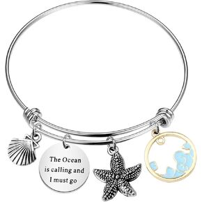 BAUNA Gifts Quote Bracelet the Ocean is Calling I Must Go Maui jewelry Gift Wave Ocean Beach Sea Bangle Bracelet for Women