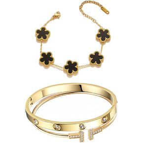 Gold Bangle Bracelets for Women Lucky Link Bracelets Floral Bracelets Set