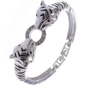 Alilang Silvery Tone Black Enamel Clear Crystal Rhinestone Two Tiger Cuff Bracelet Bangle