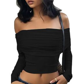 Xineicy Women's Off Shoulder Long Sleeve Crop Top Y2K Cami Top Vintage Tank Tops Going Out Tee