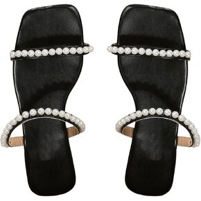 GORGLITTER Women's Pearl Strappy Flat Sandals Wide Width Slip On Dressy Slide Sandals