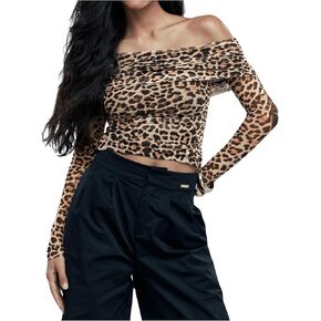 WDIRARA Women's Mesh Leopard Print Long Sleeve Off Shoulder Crop Top Slim Fit Casual Tee Shirt