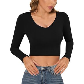 CLOZOZ Long Sleeve Crop Tops for Women Sexy V Neck Shirts Fitted Cropped Tshirt Going Out Tops