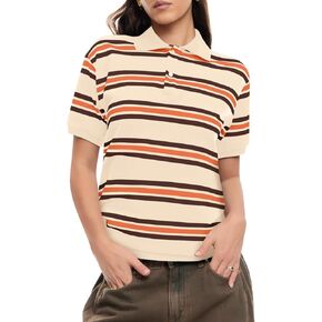 Tankaneo Womens Summer Striped Polo T Shirts Casual Short Sleeve Rugby Tops Loose Fit Cotton Tee Shirts