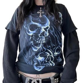 Women Halloween Gothic Clothes Y2k Fairy Grunge Shirts Vintage Harajuku Long Sleeve Shirts Graphic Tees Streetwear