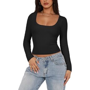 قمصان REORIA النسائية بأكمام طويلة، قمصان أساسية قصيرة، رقبة مربعة، نحيفة Y2K مناسبة للخريف والشتاء، ملابس لطيفة in Kuwait