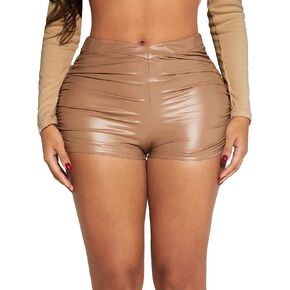 WDIRARA Women's PU Leather Ruched Biker Shorts Solid Mid Waist Night Out Party Bottoms