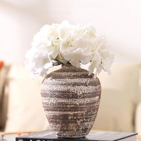 Vintage Vase, Rustic Ceramic Vase, Farmhouse Flower Vase, Terracotta Vase, Cream Pottery Vase for Home Decor, Decorative Distressed Vase for Table, Living Room, Shelf Decor, 6.9 Inch