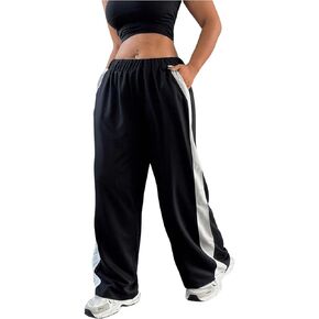 OYOANGLE Women's Plus Size Side Striped Elastic Waist Track Pants Color Block Wide Leg Sweatpants