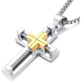 Cross Necklace for Men 316L Stainless Steel Big Jesus Christ Silver/Gold/Black Men's Cross Pendant Necklace Rolo Chain