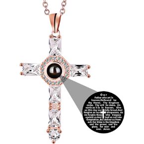 Personalized Cross Projection Necklace Men's Stainless Steel Cross Pendant Micro Engraved Lord's Prayer Pendant Necklace Bible Verse Necklace Christian Jewelry for Men Women