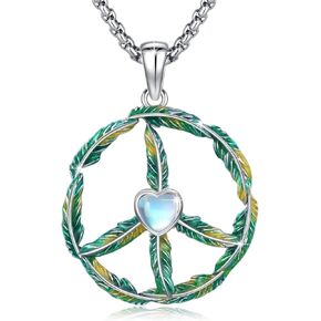 Peace Necklace 925 Sterling Silver Moonstone Peace Sign Necklace Feather Coexist Peace Symbol Jewelry Gifts for Women Men Birthday Christmas