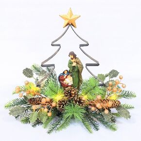 Nativity LED Christmas Tree Tabletop Centerpiece, Christmas Nativity Scene Decoration with LED Lights for Home Indoor and Outdoor Display (Gold)
