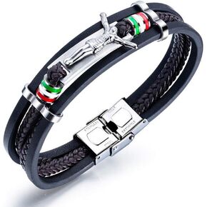 Mens Stainless Steel Genuine Leather Bracelets for Men Cool Spike Wrist Cuff Bracelets with Buckle Clasp Custom Engrave