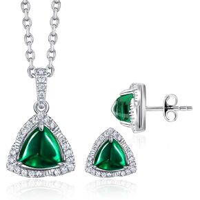 Simulated Emerald Women Jewelry Set Silver White Gold Plated Asscher Cut Green Flower Halo Pendant Necklace and Earring Studs Hypoallergenic, Birthday Anniversary Wedding Christmas Gifts for Women