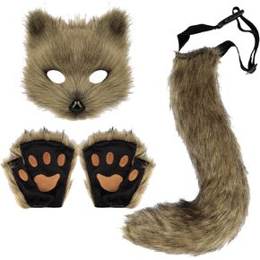 Faux Fur Fox Tail Cat Wolf Cosplay Costume Set Furry Orc Mask and Fox Tail Gloves Set Fox Cosplay Set Halloween Christmas Party Girls Women, Mask, a Pair of Gloves and a Tail 3 Piece Set