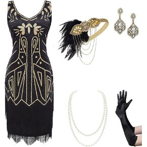 BABEYOND Women’s Flapper Dresses Set 1920s V Neck Beaded Fringed Great Gatsby Dress with Accessories Set