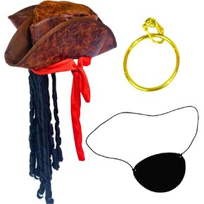 4E's Novelty 3 Pcs Set Pirate Hat with Dreadlocks Eyepatch - Brown Tricorn Pirate Hat with Attached Hair & Bandana - Caribbean Halloween Pirate Costume Accessories for Men Women & Kids Dress Up