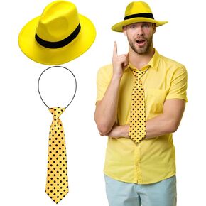 2 Pcs Yellow Hat Costume for Men Halloween Cosplay Outfit Set Retro Wide Brim Hat with Black Belt Felt Yellow Hat with Yellow Tie with Black Polka Dots for Women Men