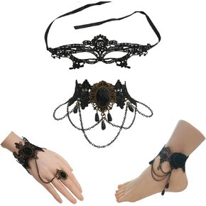 4PCS Halloween costumes black lace Goth accessories with Gothic choker necklace bracelet anklet masquerade mask for women Victorian Vampire Accessories
