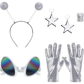 5pcs Sliver Alien Costume Set for Woman Alien Antenna Headband Glasses Earrings Holographic Face Glitter Sliver Alien Gloves