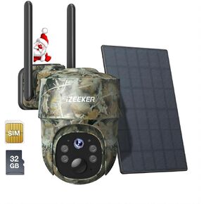 iZEEKER Trail Camera Cellular, Solar Game Camera, Hunting Camera with Night Vision Motion Activated IP65 Waterproof, 4G LTE, No WiFi, 360° Full View & 2K PTZ, Live Streaming & Remote Phone Access