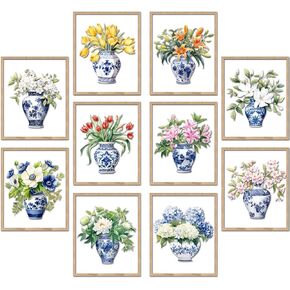 TRAMIN 10pcs Chinoiserie Decor, Chinoiserie Wall Art Prints, Chinese Blue and White Ginger Jar, Blue White Porcelain Vase, Chinoiserie Artwork Flower Picture for Home Bedroom Decorations (8x10 UNFRAMED)