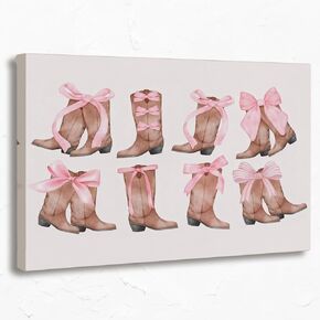 OXW Coquette Preppy Pink Bow Wall Art 11x14, Coquette Bow Room Decor Aesthetic, Trendy Pink Cowgirl Boots Room Poster Prints Wall Decor for Girls Bedroom College Apartment