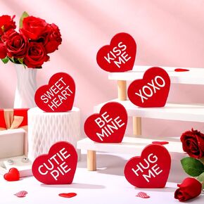 Qunclay 6 Pcs Valentine's Day Wood Sign Rustic Heart Shaped Wooden Sign Love Wooden Decor Freestanding Valentine's Day Table Decor for Desk Office Home Mantel Room Party Farmhouse Tiered Tray Decor