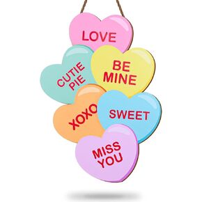 Valentine's Day Conversation Heart Wooden Hanging Sign Candy Heart Welcome Wood Sign Heart Shape Door Decor Sign for Indoor Outdoor Porch Wall