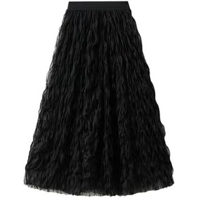 Black Long Ruffled Tulle Skirts for Women Trendy,Flowy Fairy high Waisted midi Chic Pleated Tutu mesh Skirt Adults