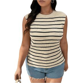 OYOANGLE Women's Plus Size Striped Sweater Vest Sleeveless Crew Neck Knit Pullover Tank Top