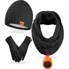 REACH STAR Women's Men's Winter Warm Beanie Hat Touchscreen Gloves Scarf Set with Soft Lined 3 In 1 Set for Cold Weather (Black, One Size)