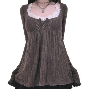 Women Vintage Solid Color Sweater Top Long Sleeve Button Front Knitted Top Retro Y2K Fairy Grunge Aesthetic Knitwear