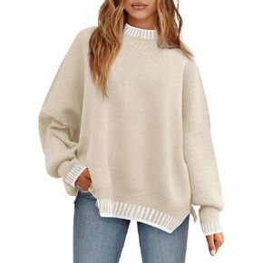 Saodimallsu Womens Oversized Sweaters Crewneck Color Block Winter Sweater Lantern Sleeve Side Slit Knit Pullover Tops