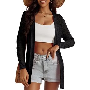 Women's Lightweight Crochet Cardigan Sweaters Long Sleeve Loose Drape Open Front Boho Beach Cover Up, S-XL
