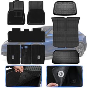 Floor Mats Set with Carpets for Tesla Model Y 2020-2024 TPE All Weather Floor Mats, Cargo Trunk Mats, Second Row Seats Back Cover Trunk Floor Mat Black 7 Pcs Waterproof Full Set Fit 5 Seat Model Y