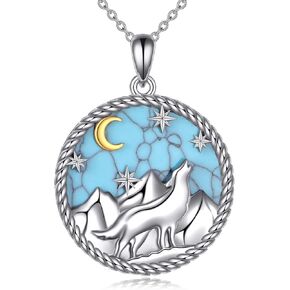 YFN Sterling Silver Wolf and Turquoise Mountain Pendant Necklace Jewelry Gifts for Women Men